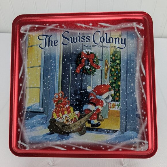 The Swiss Colony Metal Tin Lot of 2 Red Gold Santa Mouse Christmas Square Empty - Picture 3 of 16